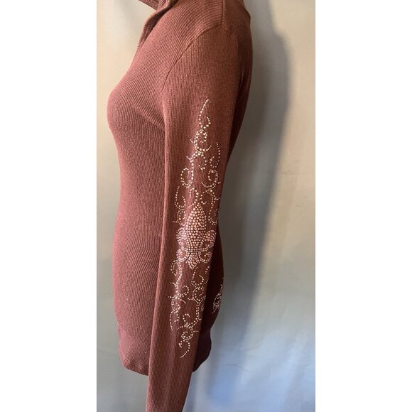 Vocal Y2K Brown Long-Sleeve Hooded Top With Rhinestone Fleur-De-Lis Womens Small - Picture 12 of 12